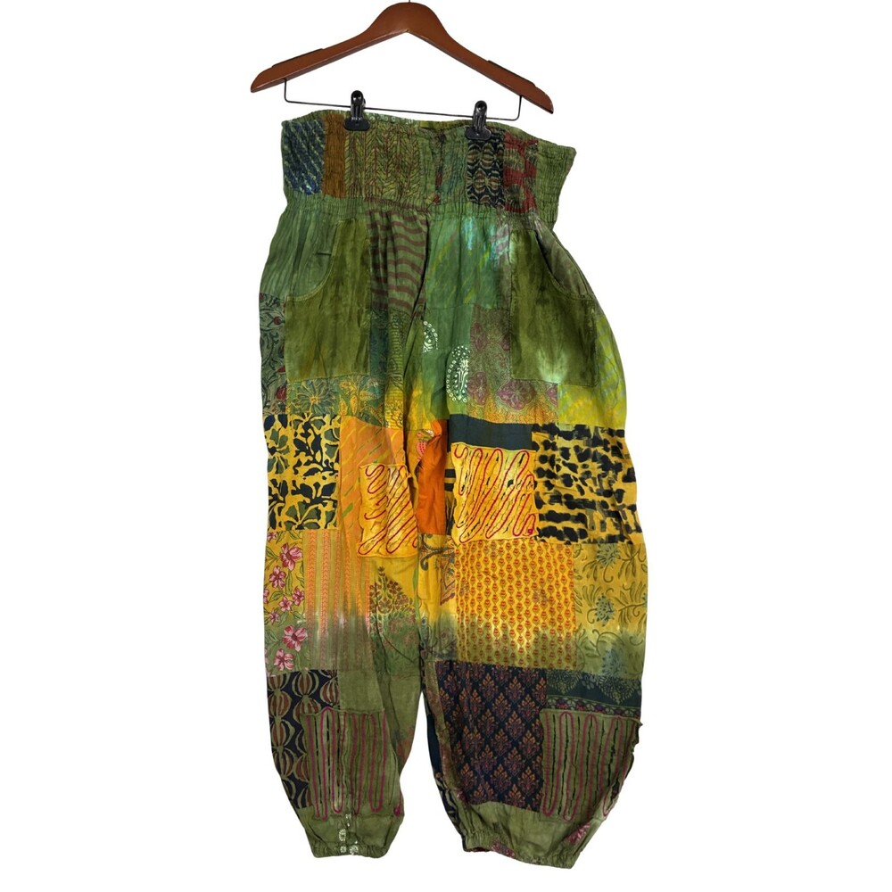 Women's Green Patchwork Harem Pants Boho Hippie Festival Elastic Waist Pockets